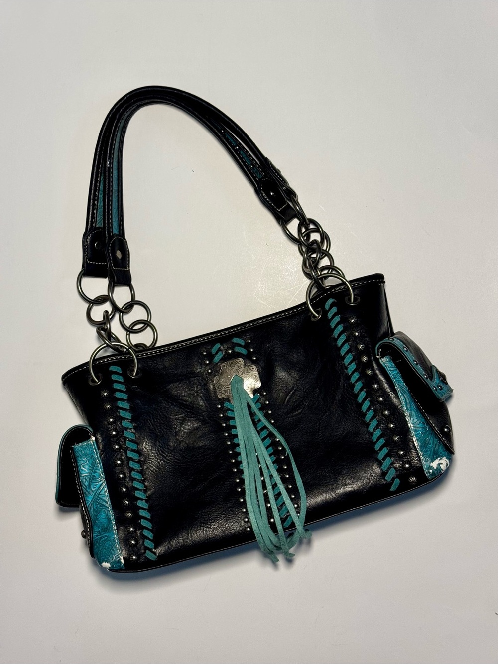 Western Grunge Black and Turquoise Women’s Tassel Shoulder Bag